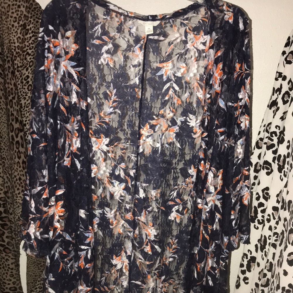 Sheer Floral Kimono with Blue and Orange Accents